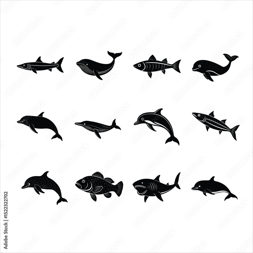 Obraz premium Set of sea fish silhouettes vector illustration