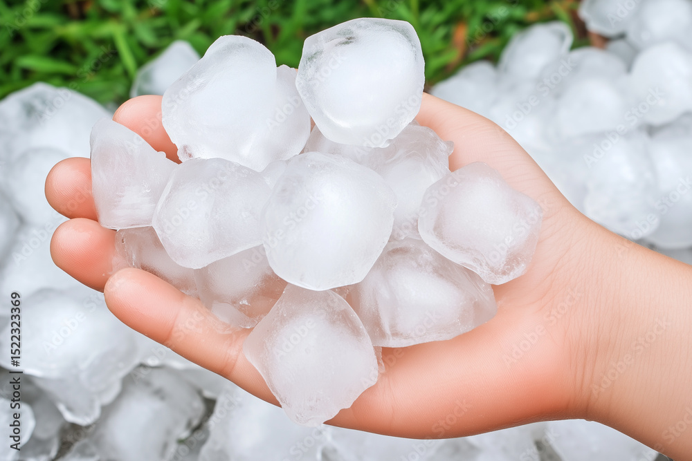 Naklejka premium Large hailstones in a hand after storm, scattered on green grass background, concept of extreme weather