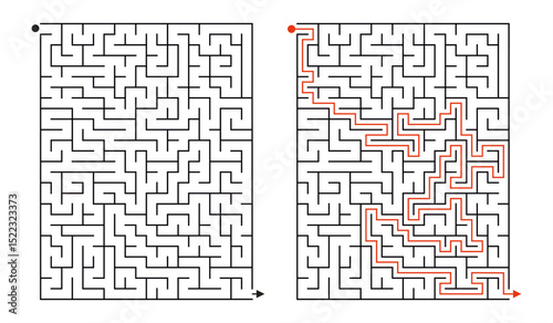 Medium Rectangle Maze Puzzle with Solution – 20x26 Grid Vector Template. Medium difficulty rectangular maze puzzle  Ideal for educational worksheets, printable brain games, and activity books.