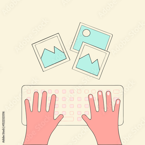High-resolution close-up of hands typing on futuristic keyboard with glowing AI-generated stock images appearing in the air above the workstation
