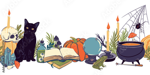 Seamless pattern with magic items, witchcraft goods, grimoire, potion, skull, magic ball and candlestick, pumpkin. Familiars for the sorcerer cat, frog, spider. Vector illustration for Halloween.