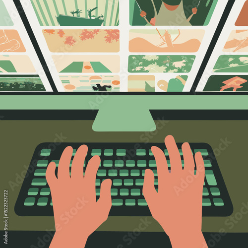 High-resolution close-up of hands typing on futuristic keyboard with glowing AI-generated stock images appearing in the air above the workstation
