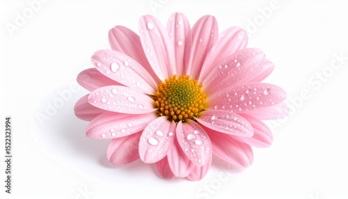 beautiful pink chrysanthemum with dewdrops sticking to the flower on a white background. natural texture with sharp and rough edges in a minimalist layout, minimal background.