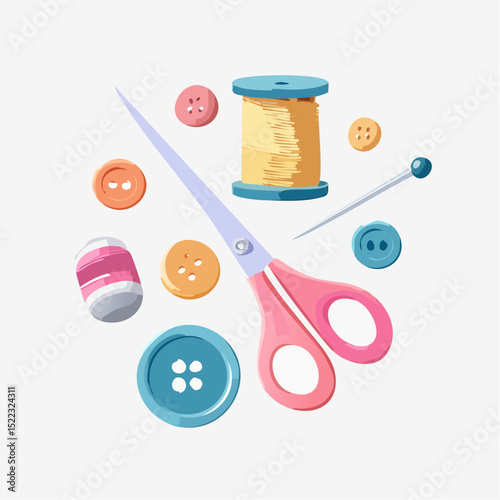 Pastel-themed flat vector icon collection featuring sewing tools such as scissors, needle, thread, and buttons