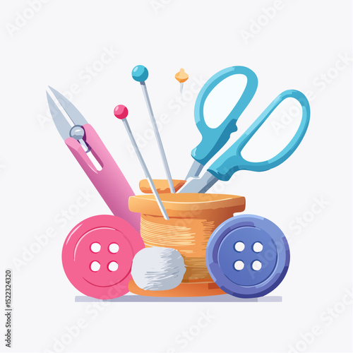 Flat vector icons of sewing essentials including a needle, thread, scissors, and buttons, using a soft pastel color scheme-generative AI