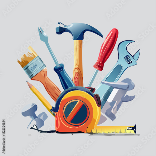 Hand-drawn style vector art of DIY tools like hammer, paintbrush, tape measure, arranged aesthetically-generative AI