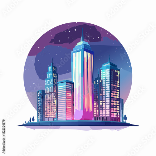 ector art of a futuristic city skyline at night, showcasing neon signs and lit-up windows in a dark silhouette design-generative AI