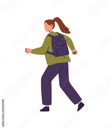 Student runs, hurries up to the school. Girl is late to the lesson, carries backpack. Kid with schoolbag is rushing to get in time to the class. Flat isolated vector illustration on white background