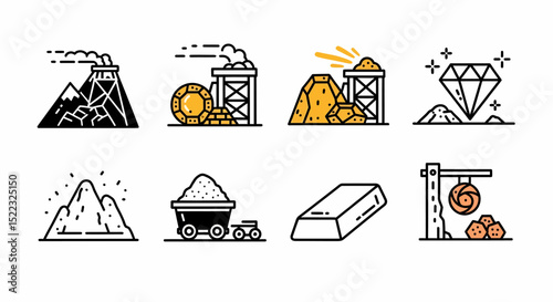 Mining Industry Outline Icons Set Extraction and Mineral Resources