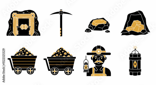 Mining Element Collection Vector Illustration Gold Ore Pickaxe and Miner