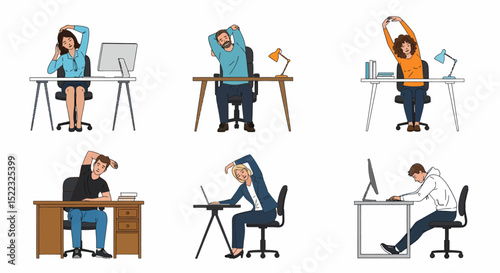 Office Workers Stretching At Desks Isometric View