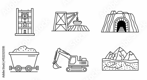 Mining Icons Set Coal Mine Equipment and Mineral Resources Line Art