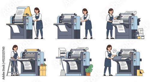 Female Operator at a Printing Press Machine Workflow