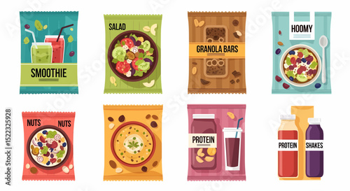 Assorted Healthy Food Packaging Vector Illustration Set Microstock