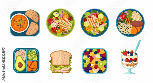 Assorted Healthy Food Dishes for Balanced Diet Illustration Collection