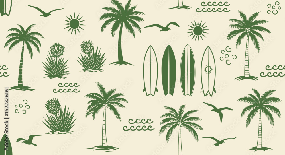 Obraz premium Tropical Beach Palm Trees Surfboards Pattern Background