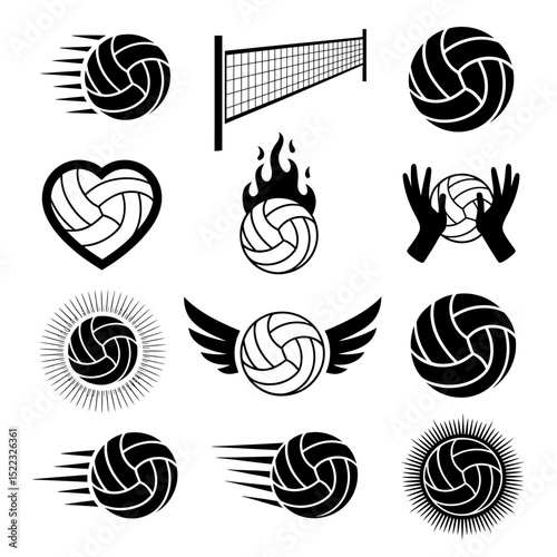 A Collection of 12 Black and White Volleyball Icons Designs for Teams, Events, and More