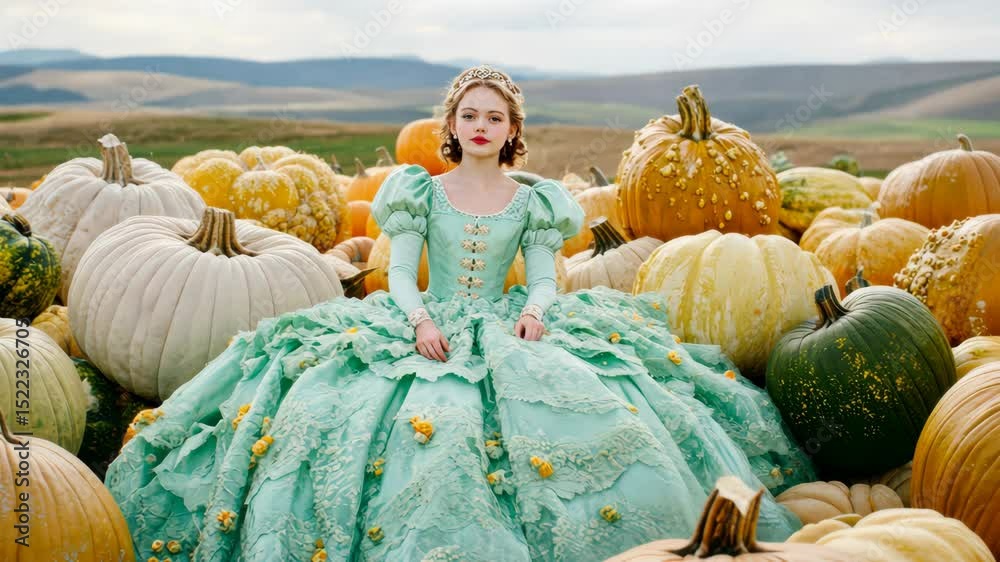 Young woman in elaborate green ball gown sits among assorted pumpkins in an open field, representing autumn, fantasy, and costume themes
