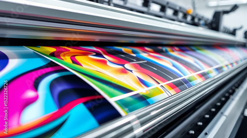 Close-up of modern industrial printing machine with vibrant colorful inks and metallic components, showcasing high-speed printing process with precision and accuracy.