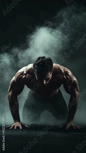 Muscular Man Performing Intense Push-Ups in Smoky Atmosphere