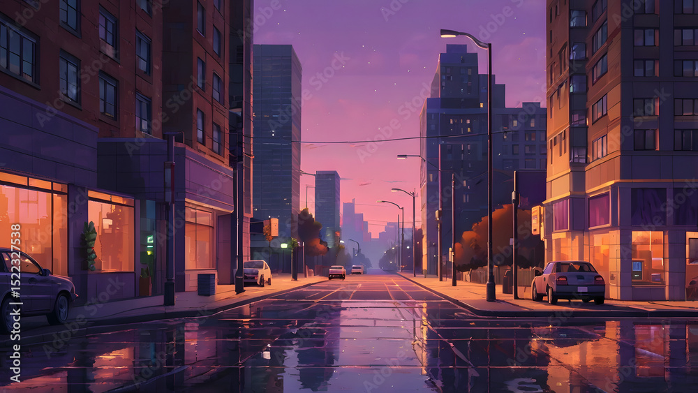 Obraz premium Pixel art of a quiet modern city street at dusk, with glowing streetlights, glass buildings, parked cars, and empty sidewalks. Urban stillness with a soft purple-orange sky.