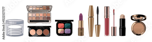Vector illustration of makeup collection featuring lipsticks, nail polish, mascara, bronzer, corrector, and eye shadow, isolated on transparent background for beauty and cosmetic designs