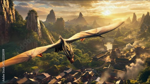Majestic dragon flying over ancient village in lush green valley during sunset with wide aerial shot