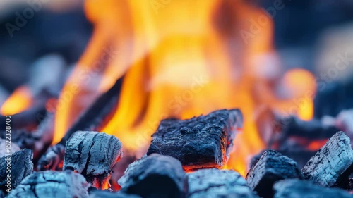 Hot charcoal briquettes burning with bright orange and yellow flames in a close-up view, representing heat, grilling, and fire energy
