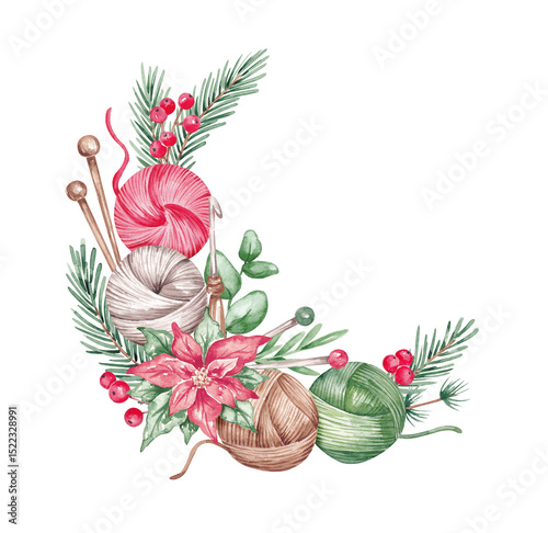 Fototapeta Naklejka Na Ścianę i Meble -  Knitting Christmas wreath, frame, border. Threads and winter plants, flowers hand drawn with watercolor. Christmas knitting tools with traditional greenery