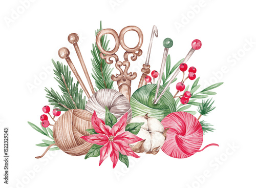 Fototapeta Naklejka Na Ścianę i Meble -  Knitting Christmas card design. Sewing tools and winter plants, flowers hand drawn with watercolor. Christmas colors threads, scissors pins and other knitting tools with traditional greenery