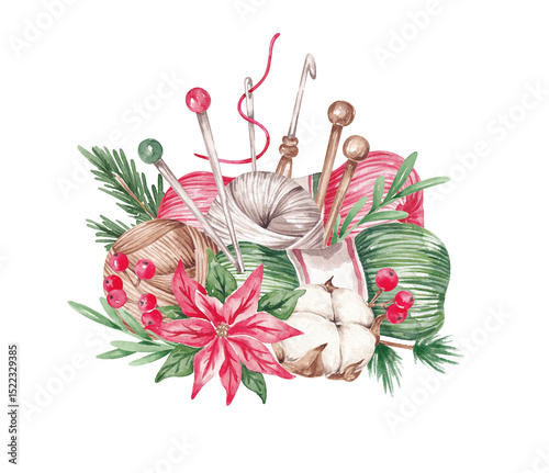 Fototapeta Naklejka Na Ścianę i Meble -  Knitting Christmas card design. Sewing tools and winter plants, flowers hand drawn with watercolor. Christmas colors threads, scissors pins and other knitting tools with traditional greenery