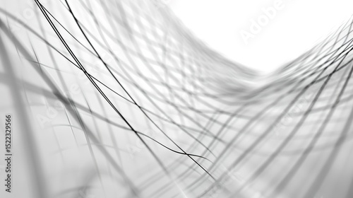 Minimalist abstract background composed of fine lines forming a grid pattern, with subtle intersections and slight variations in thickness. Monochromatic gray tones on a white base, soft shadows.