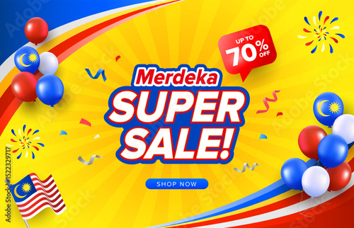 Malaysia Day or Hari Merdeka sale illustration with yellow burst background and celebration confetti and balloons. Vector design template for promotion concept.