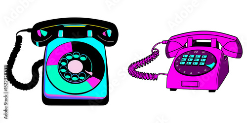 PNG Two vintage telephones stand side-by-side on a transparent background.