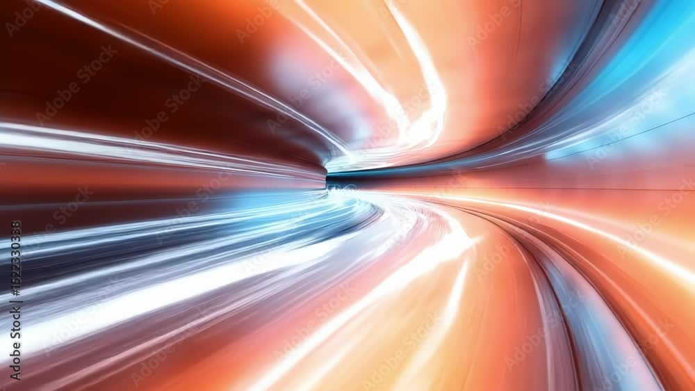 Bright streaks of azure, crimson, and tangerine light race through a twisting tunnel, creating an exhilarating and dynamic atmosphere filled with energy and motion.