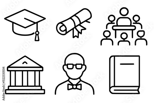 Minimalist Academic Icon Set – Graduation Cap, Diploma, Professor, Institution, Students, Book