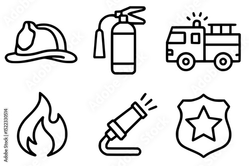 Firefighter Equipment and Emergency Icon Set – Helmet, Truck, Flame, Badge