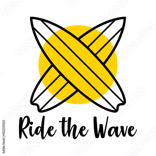 Logo club de surf. Texto Ride the Wave sobre tablas de surf cruzadas y sol circular 