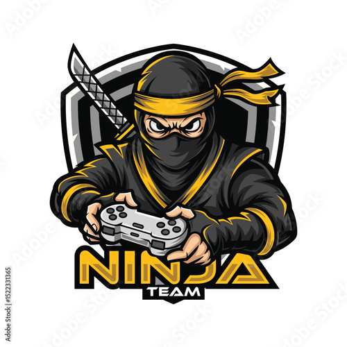 Ninja gaming mascot esport logo. ninja character holding a controller vector illustration