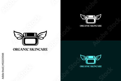 illustration of serum jar with leaf wings on both sides, vector logo for cream, cosmetics, organic, natural, vegan cosmetics, beauty brand, herbal cosmetics, organic skincare, and more