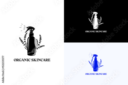 spray mist bottle with lavender sprigs vector illustration, logo for beauty brand, vegan cosmetics, makeup, beauty products, herbal cosmetics, cream, serum, organic skincare, and more
