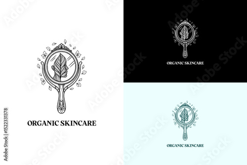 vector illustration of facial mirror reflecting a leaf textured face, logo for health and wellness, beauty brand, organic, natural, cosmetics, vegan, beauty products, organic skincare, and more