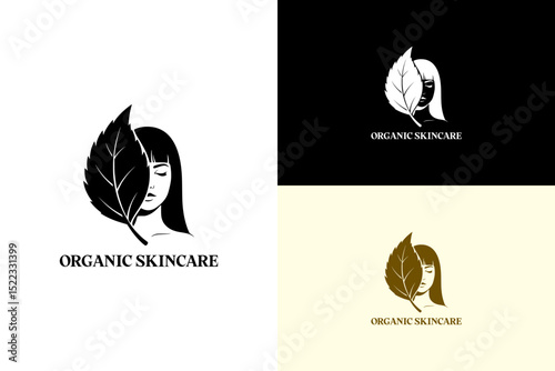 woman's face partially hidden behind leaf vector illustration, logo for beauty products, serum, cream, herbal cosmetics, beauty brand, vegan cosmetics, organics skincare, and more