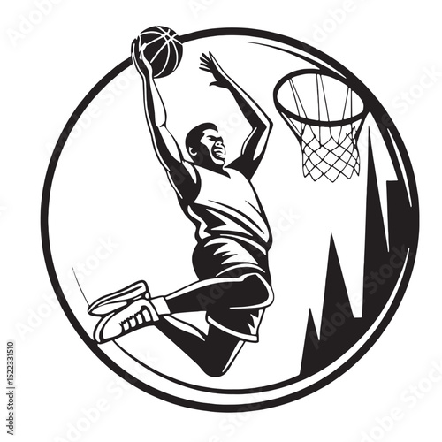 Dynamic basketball player mid-air going for a dunk, captured in a bold graphic style. Great for merchandise, posters, or team branding.