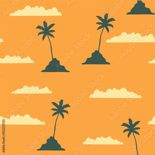 Seamless Tropical Pattern with Palm Trees and Clouds on Vibrant Background