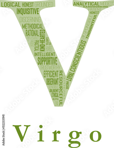 Letter V Virgo Modern Design Artwork. Simple Olive Green Typography Text Art. Signs of the Zodiac Illustration