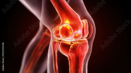 A digital illustration of a human knee joint highlighting bones, ligaments, and inflammation in vivid red hues.