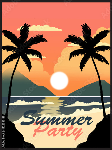 Illustration of Sunset On A Tropical Beach With Palm Trees And Vibrant Sky