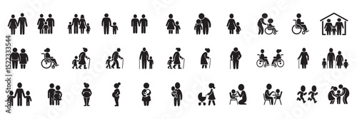 Family and Relationship Icon Set . Vector Glyph Pictograms of Couple, Parent, Child, Elderly People, Pregnancy, Parenting, Community, Single Mother, and Social Care in Black Silhouette Style