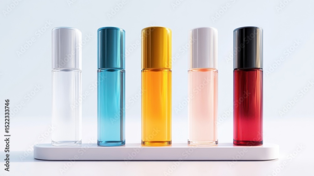 Obraz premium lip balm Five elegant perfume bottles in various colors displayed on a sleek white stand against a light background.